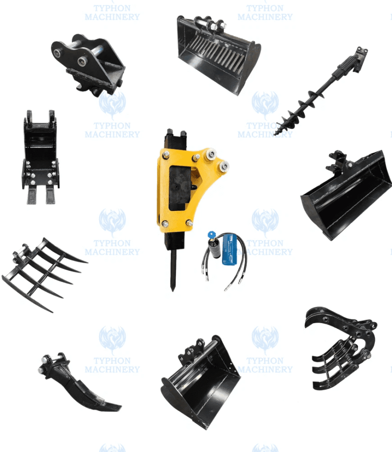 10-in-1 Mini Excavator Attachment Bundle Essential Tools Combo Kit for Worksites