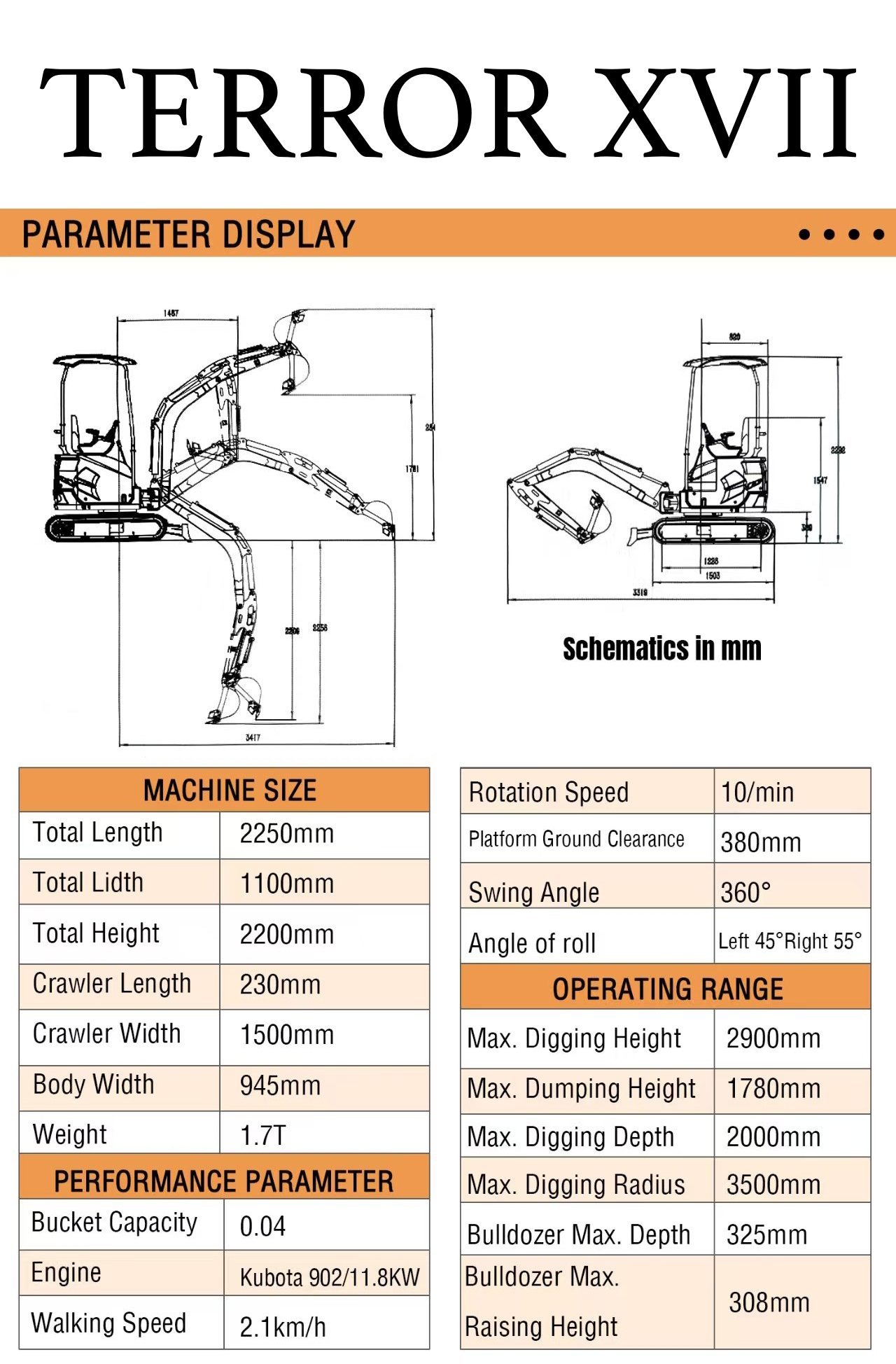 2025 3800 lb TYPHON TERROR XVII Mini Excavator Rubber Track with Kubota D902 Diesel Engine USA - Image 2