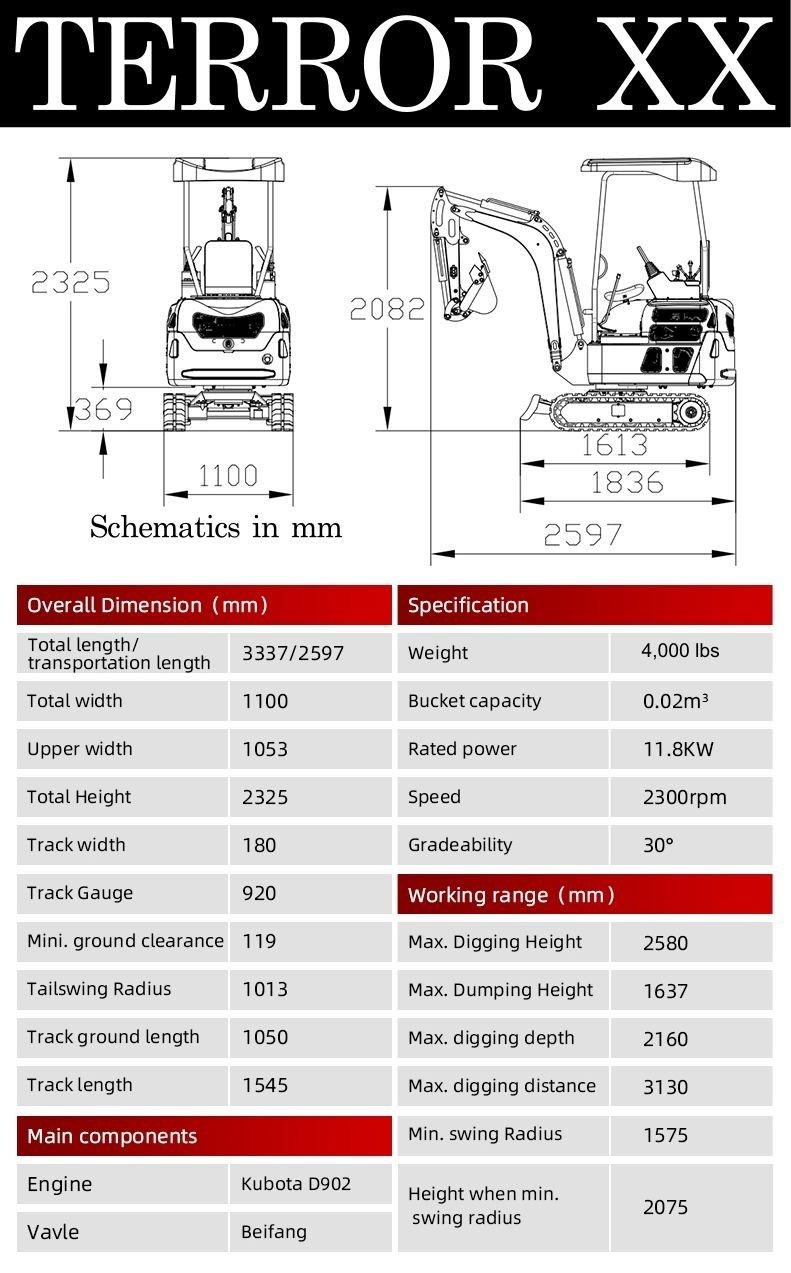 2025 4,000 lb TYPHON TERROR XX Mini Excavator Rubber Track with Kubota D902 Diesel Engine USA - Image 5
