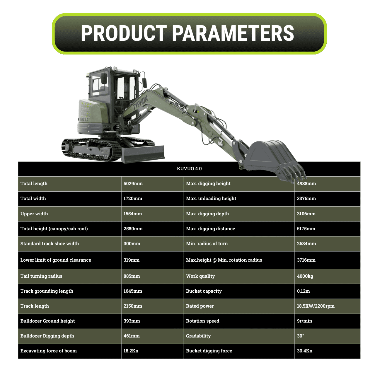 TYPHON KUVUO 4.0 four ton cabin mini excavator w Kubota D1703 Diesel engine Metal Tracks, Boom Swing, AC Heater, Hydraulic Control - Image 3