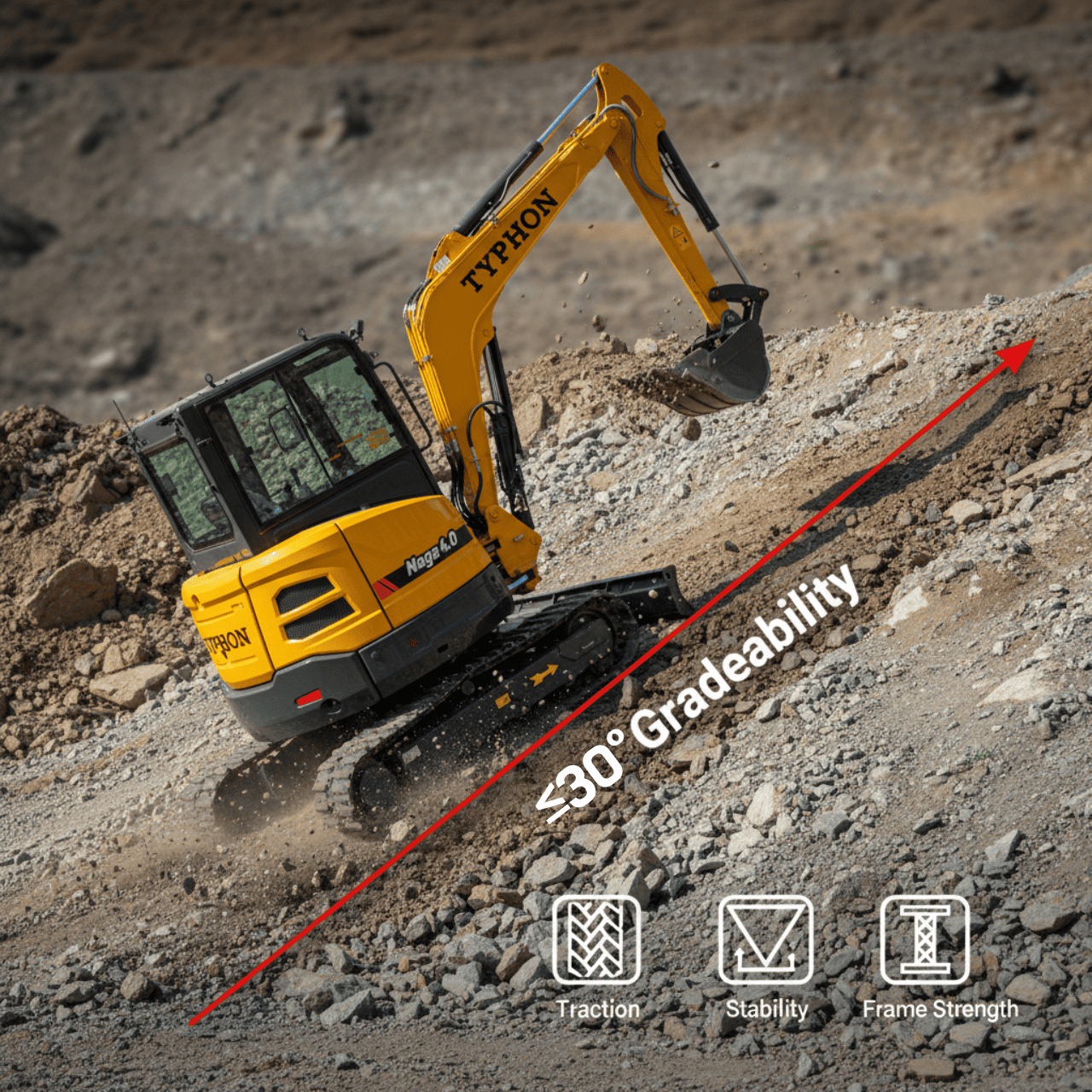 TYPHON NAGA 4.0 Mini Excavator w 4 Ton 24.4hp Yanmar Diesel Engine Metal Track ISO SAE control switch, AC Heater Cabin, 2 Travel Speed - Image 11