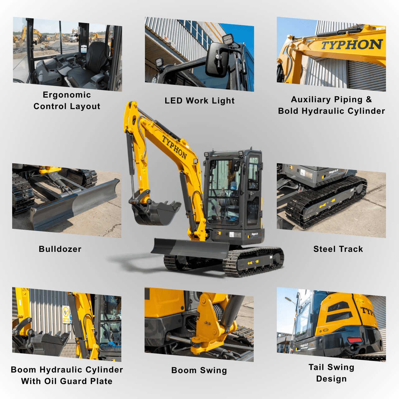 TYPHON NAGA 4.0 Mini Excavator w 4 Ton 24.4hp Yanmar Diesel Engine Metal Track ISO SAE control switch, AC Heater Cabin, 2 Travel Speed - Image 13