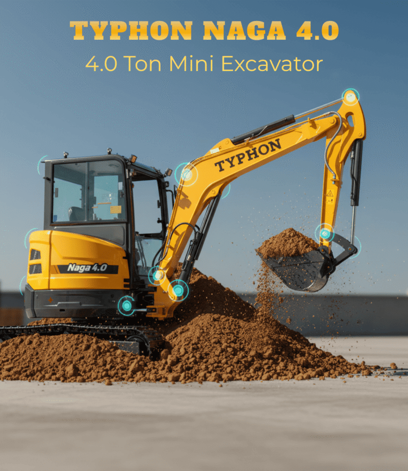 TYPHON NAGA 4.0 Mini Excavator w 4 Ton 24.4hp Yanmar Diesel Engine Metal Track ISO SAE control switch, AC Heater Cabin, 2 Travel Speed