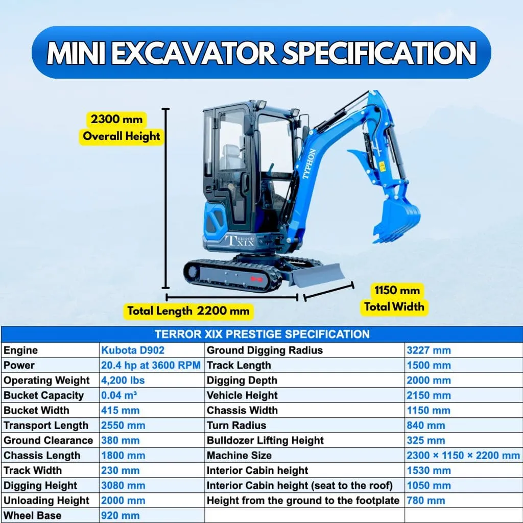 TYPHON TERROR XIX Prestige Cabin Mini Excavator 4200lbs 20.4 HP Kubota D902 with Boom Swing, Retractable Tracks - Image 3