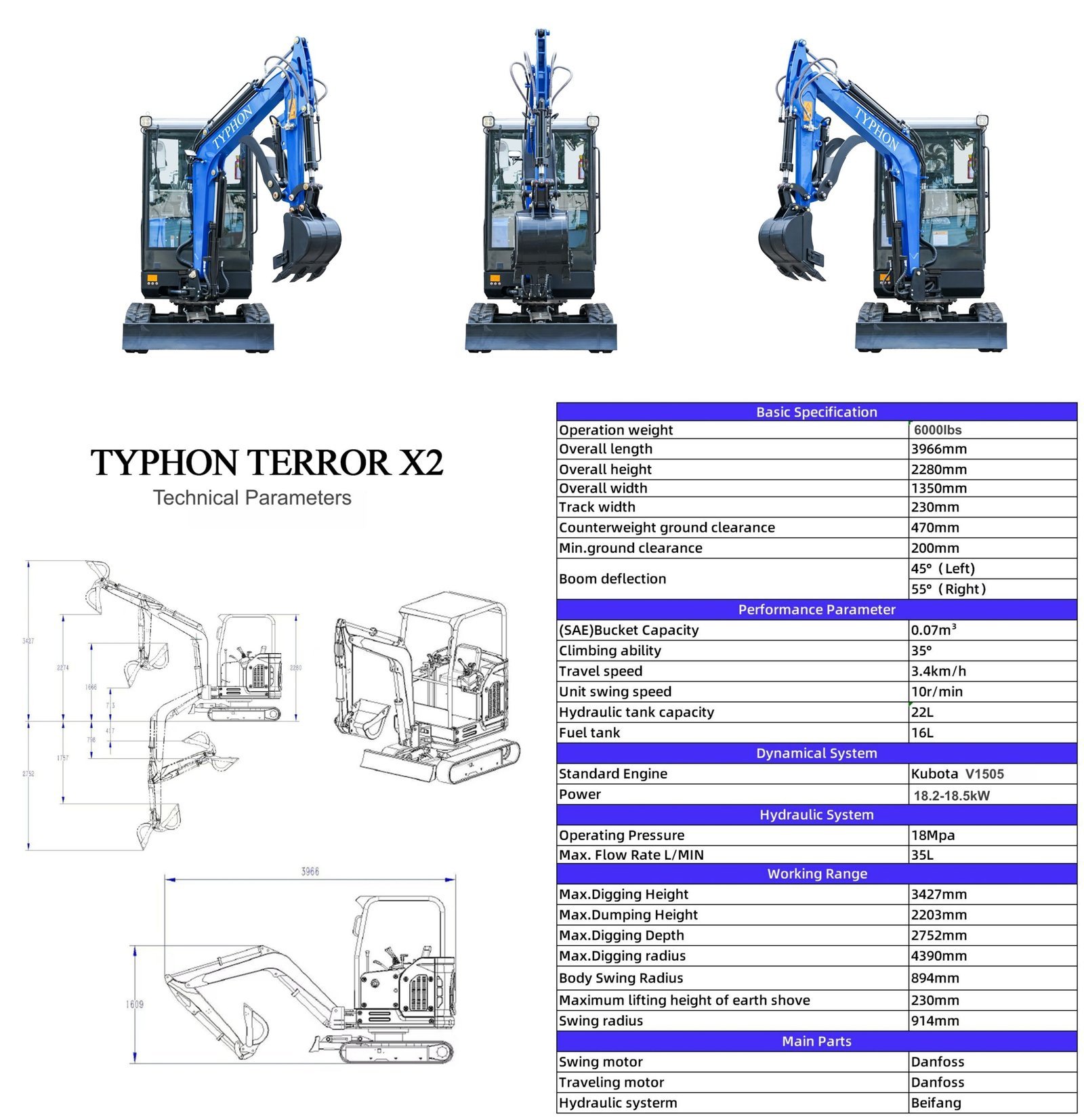 TYPHON TERROR X2 Mini Excavator 2.7 Ton EPA Diesel Kubota V1505 Engine USA - Image 2