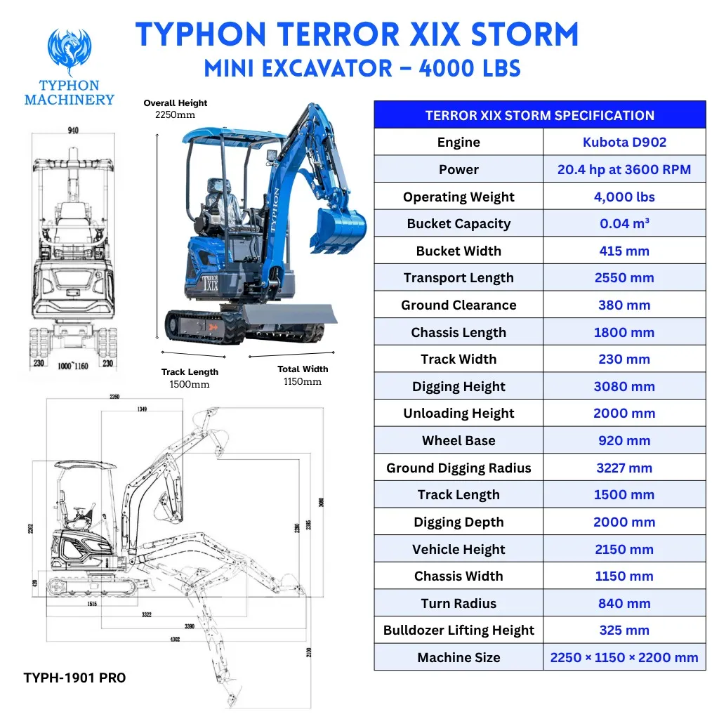 TYPHON TERROR XIX STORM Mini Excavator – 4000lbs Trench Digger with Boom Swing, Canopy, Retractable Tracks - Image 2