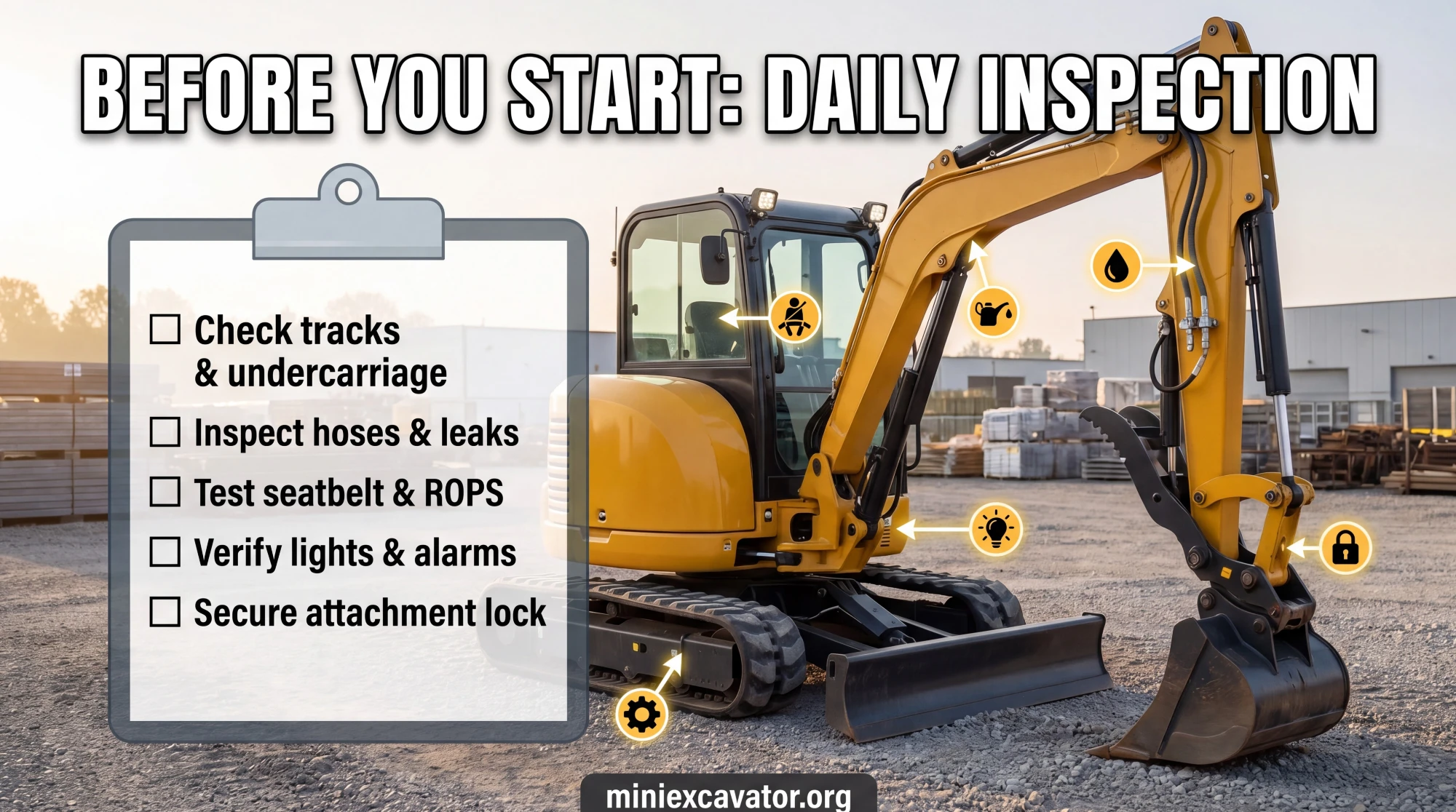 Mini excavator operator visibility and safety inspection