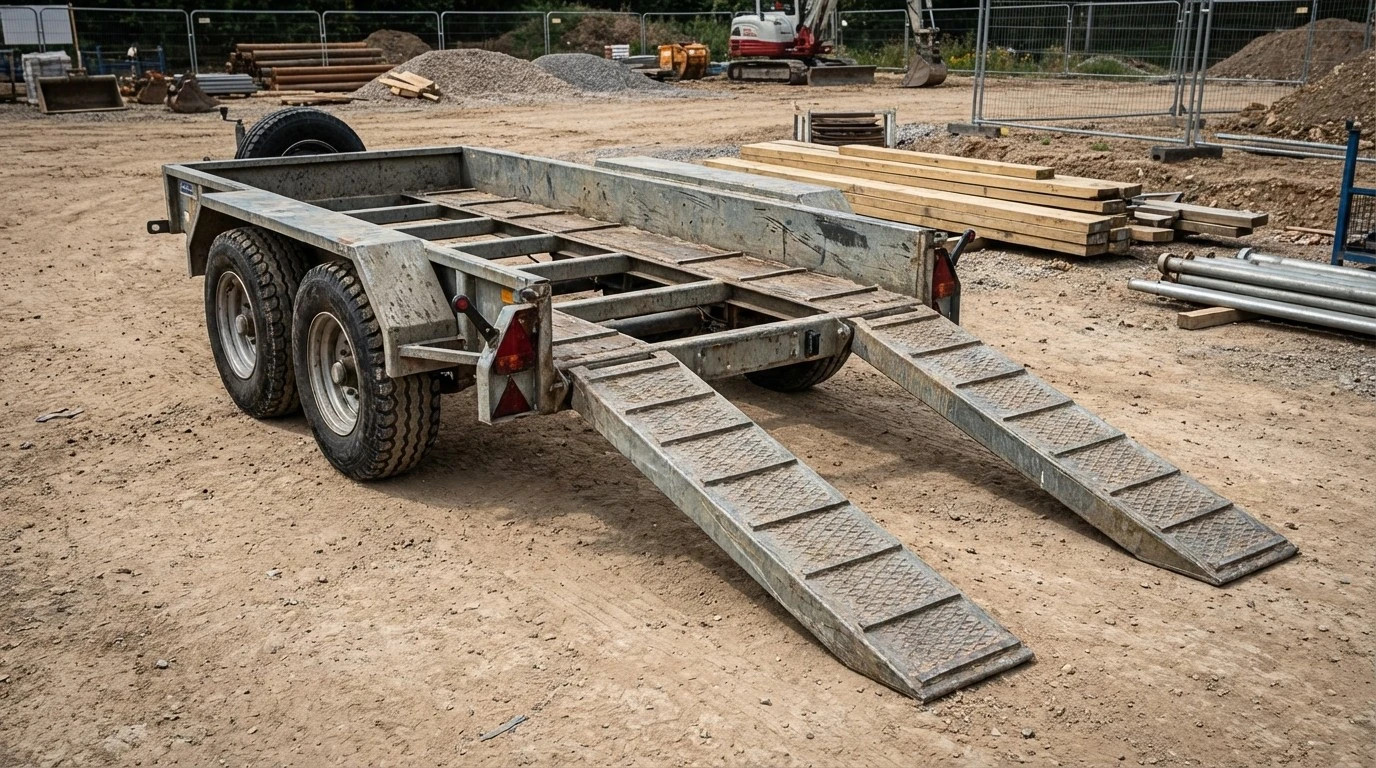 Heavy-duty equipment trailer with ramps ready for mini excavator loading
