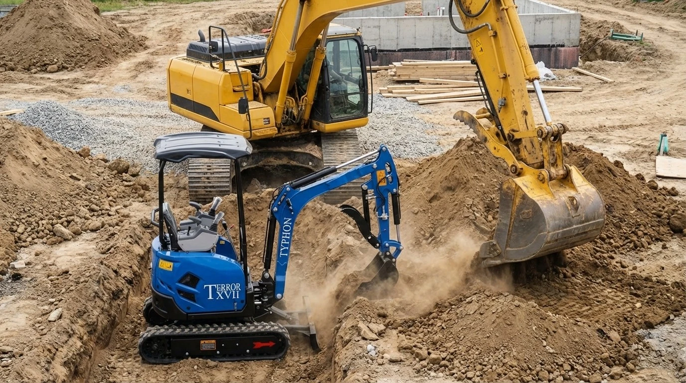 Mini excavator working beside a larger standard excavator for equipment size comparison