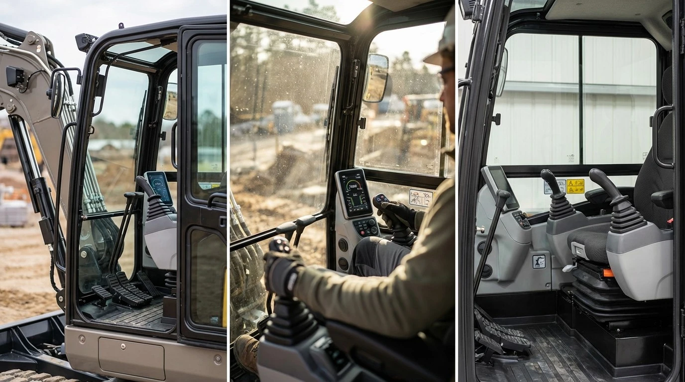 Mini excavator cab controls engine compartment and upper structure