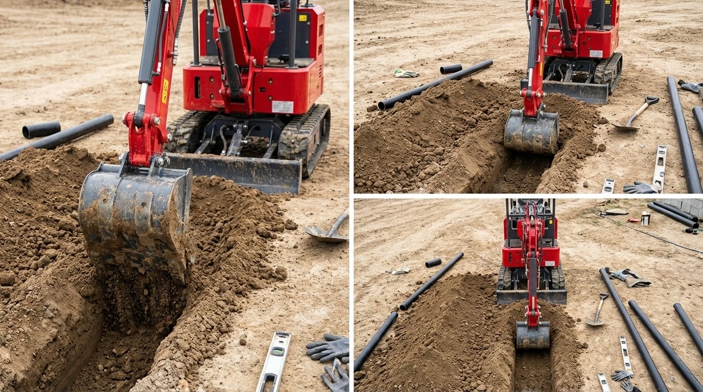 Mini excavator digging a narrow utility trench for pipe installation