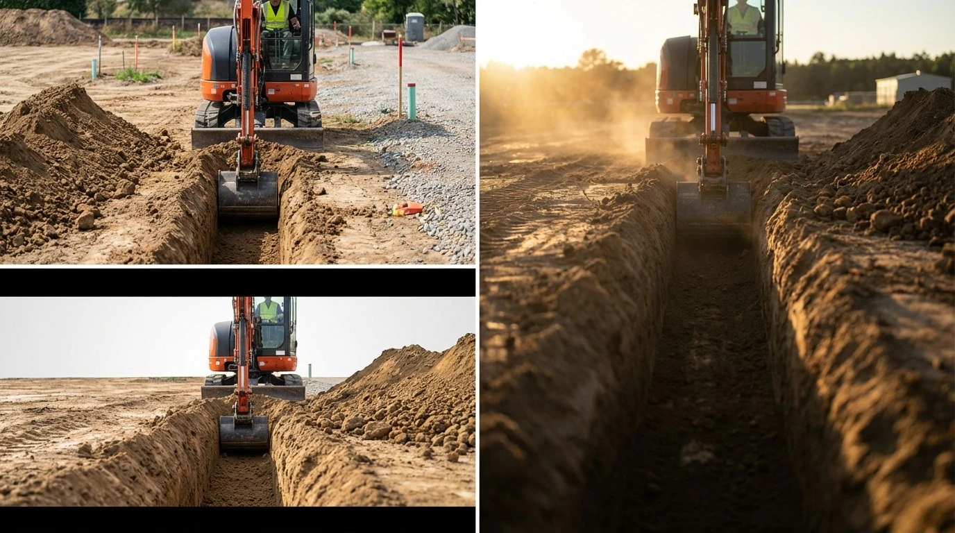 Mini excavator trenching technique with straight trench and spoil pile