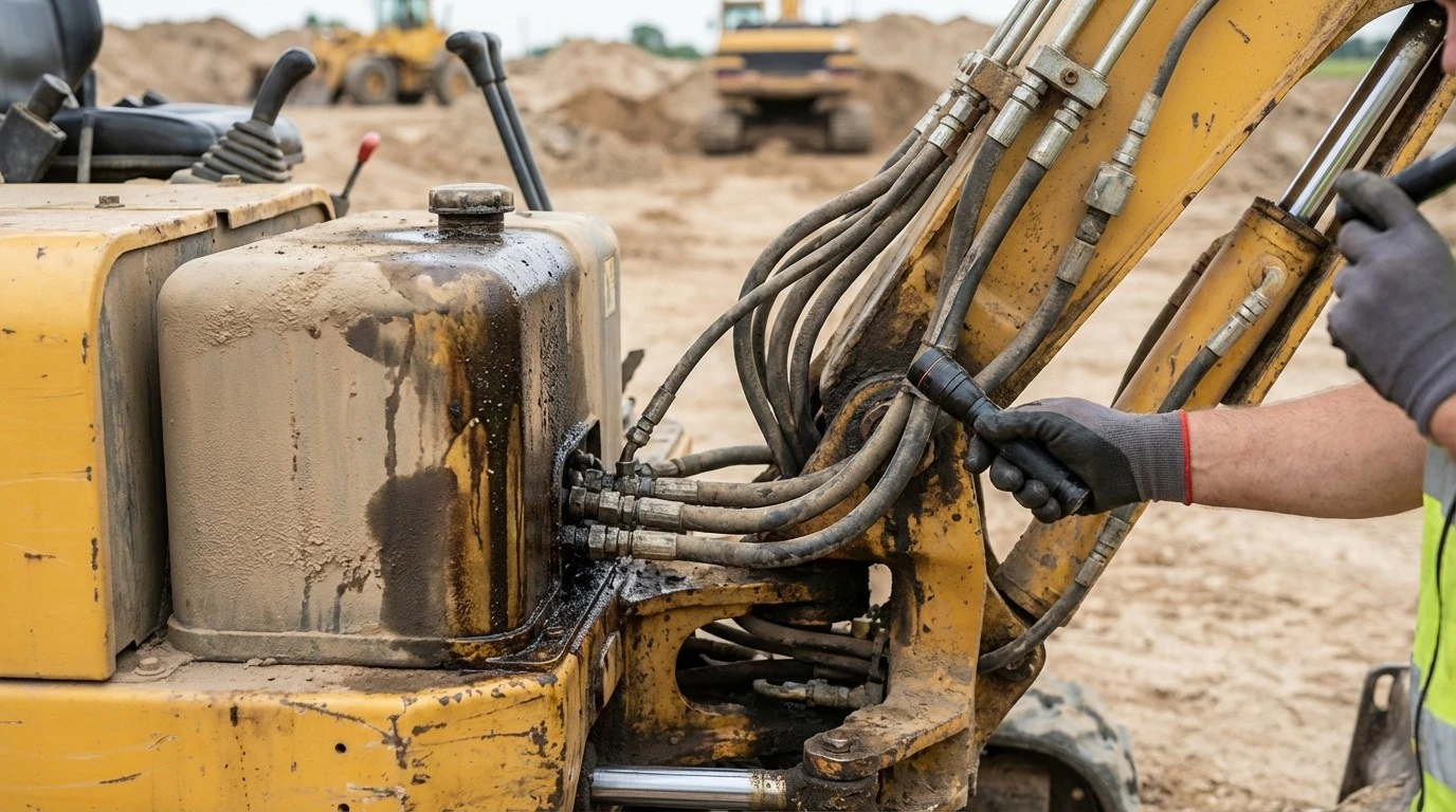 Mini excavator hydraulic system inspection and overheating check