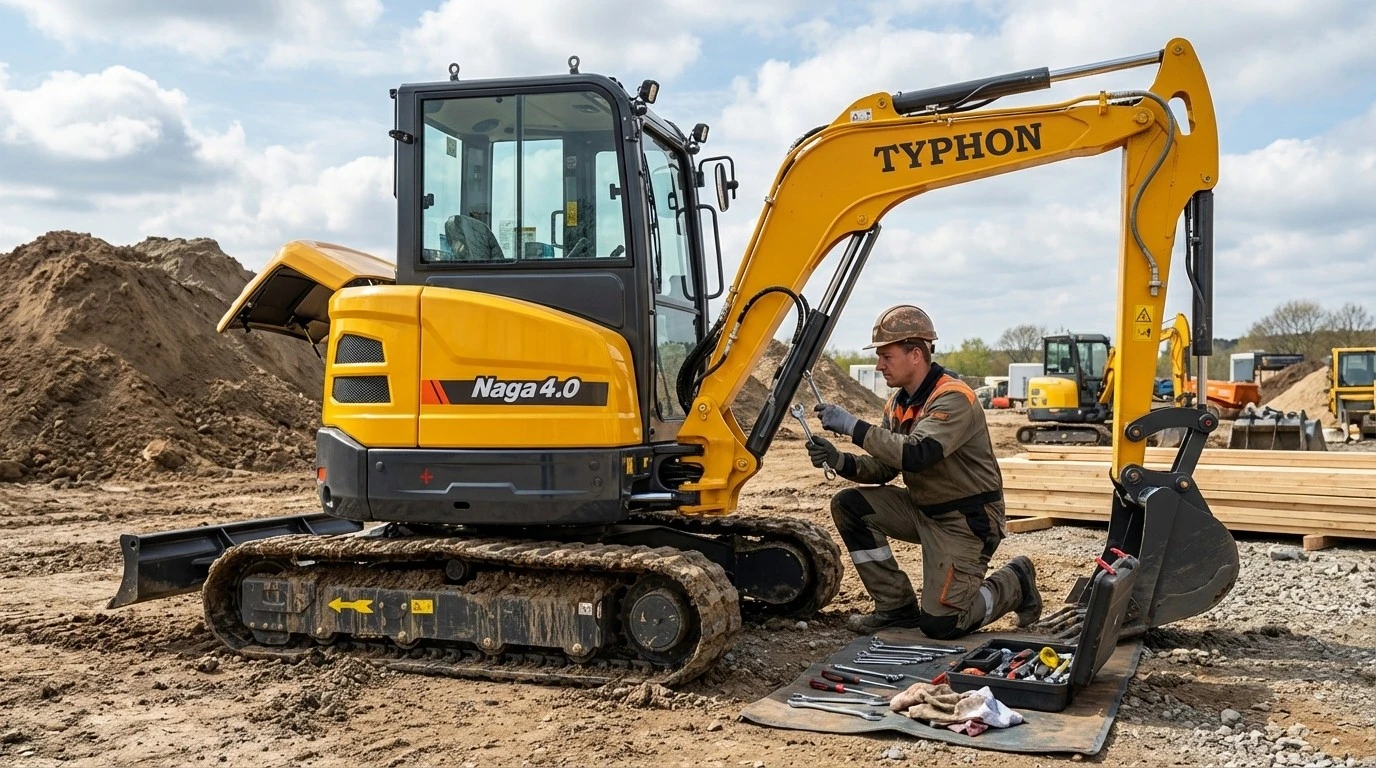 Mini excavator being inspected for common mechanical problems