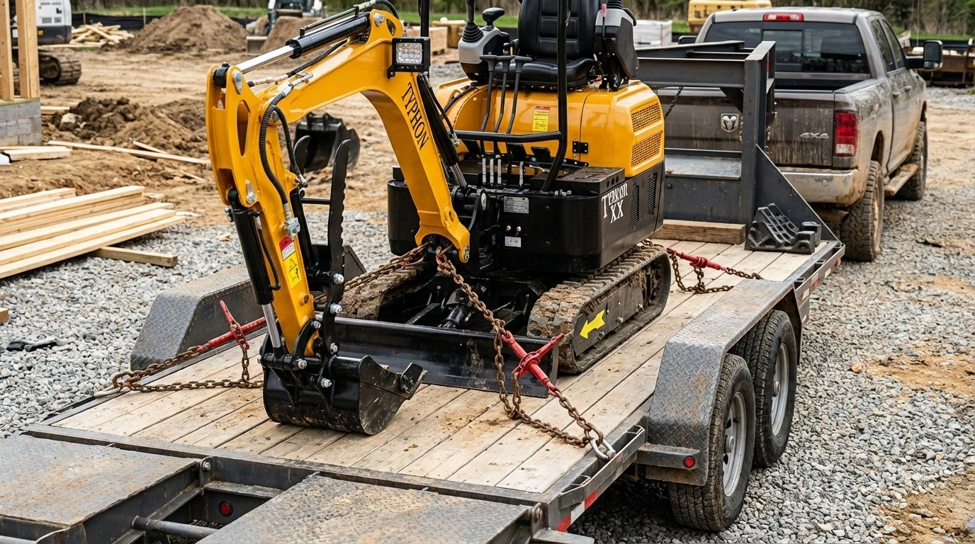 Mini excavator loaded safely on a heavy-duty equipment trailer