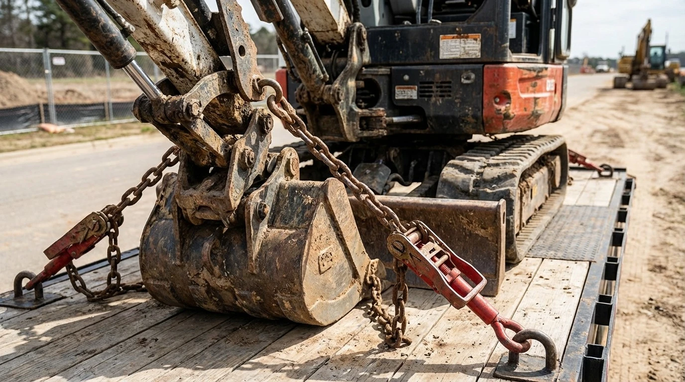 Mini excavator secured with transport chains on trailer