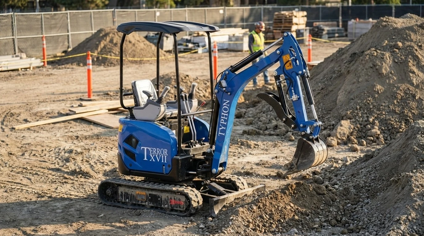 Mini excavator parked on a construction job site ready for work
