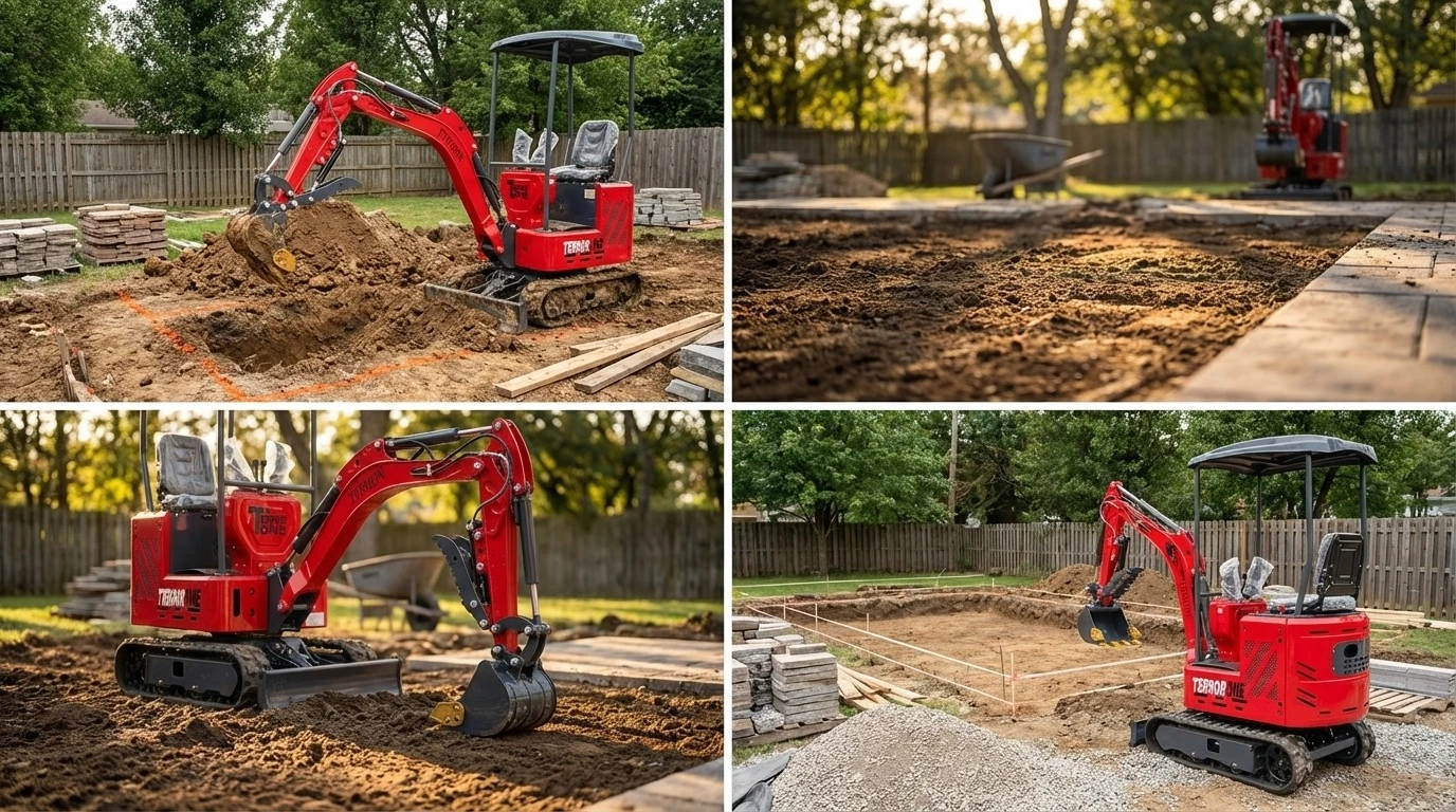 Mini excavator preparing ground for pool installation and hardscaping