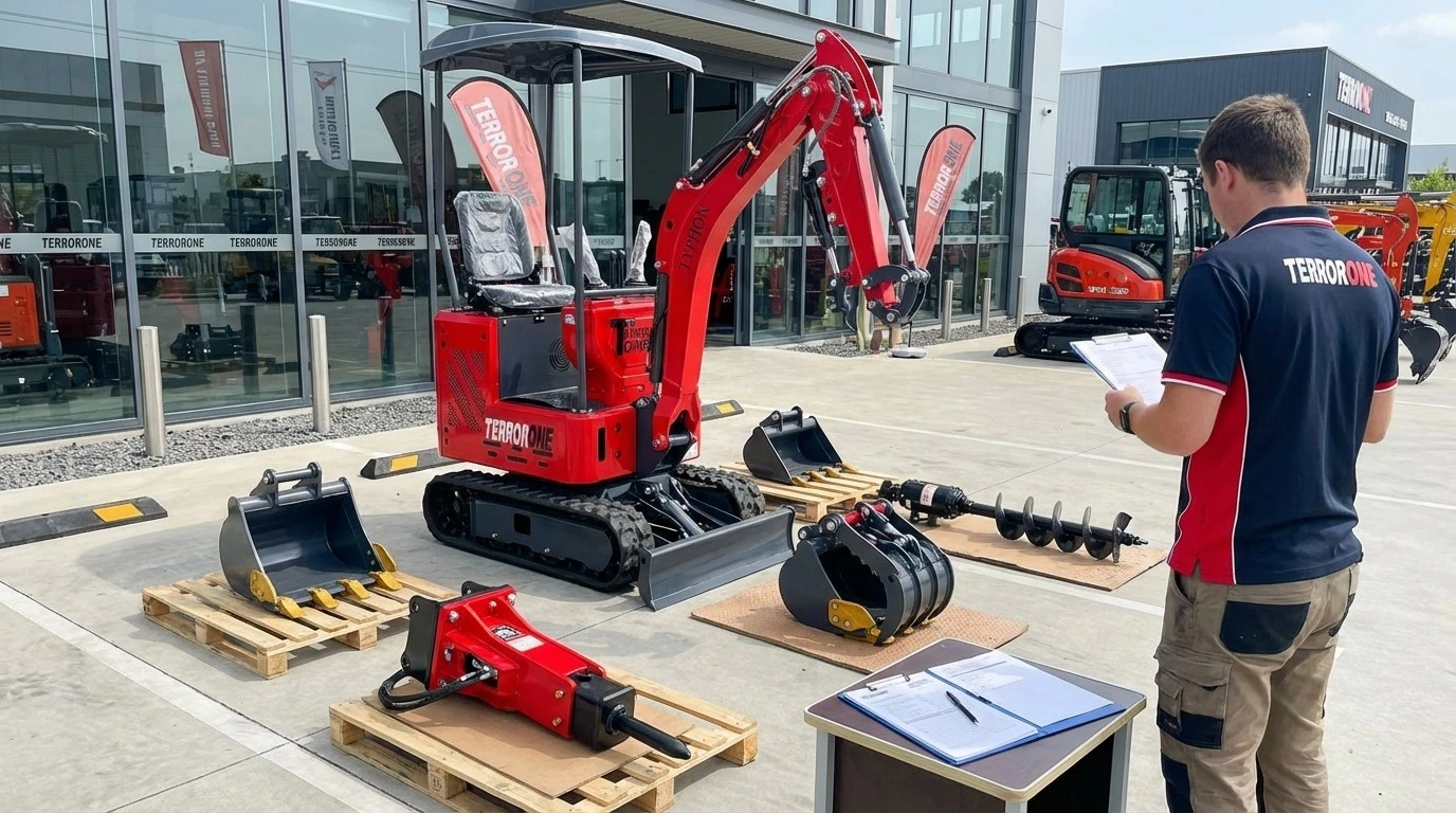 Mini excavator with attachments representing equipment selection and financing decisions