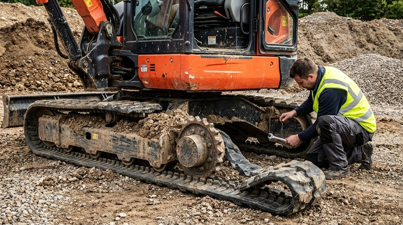 Mini excavator rubber track derailment and final drive inspection