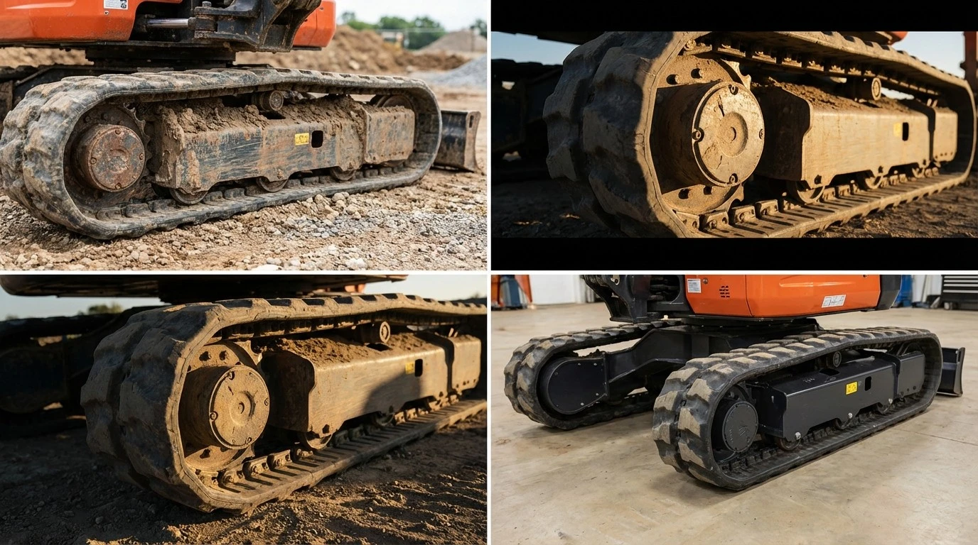 Mini excavator undercarriage including tracks drive motors sprockets and rollers