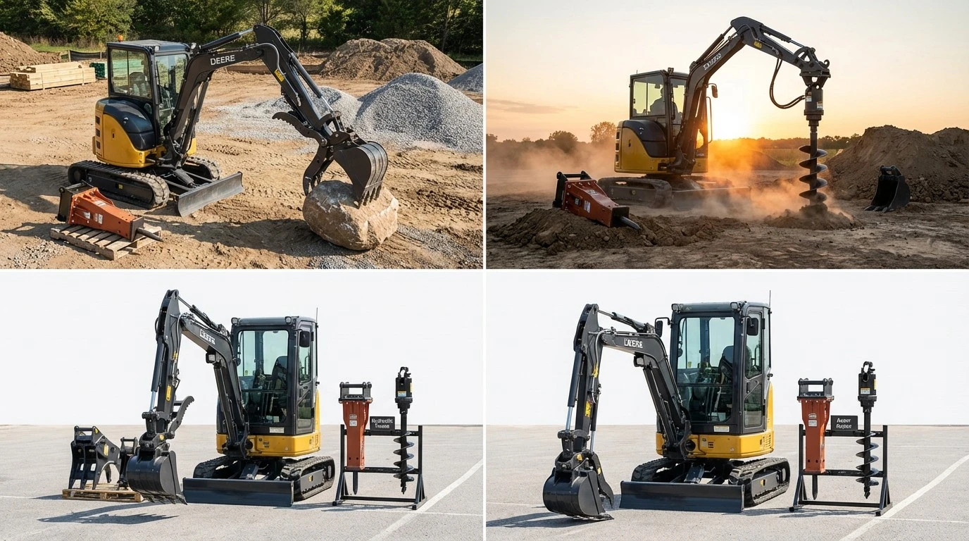 Mini excavator attachments including thumb breaker and auger