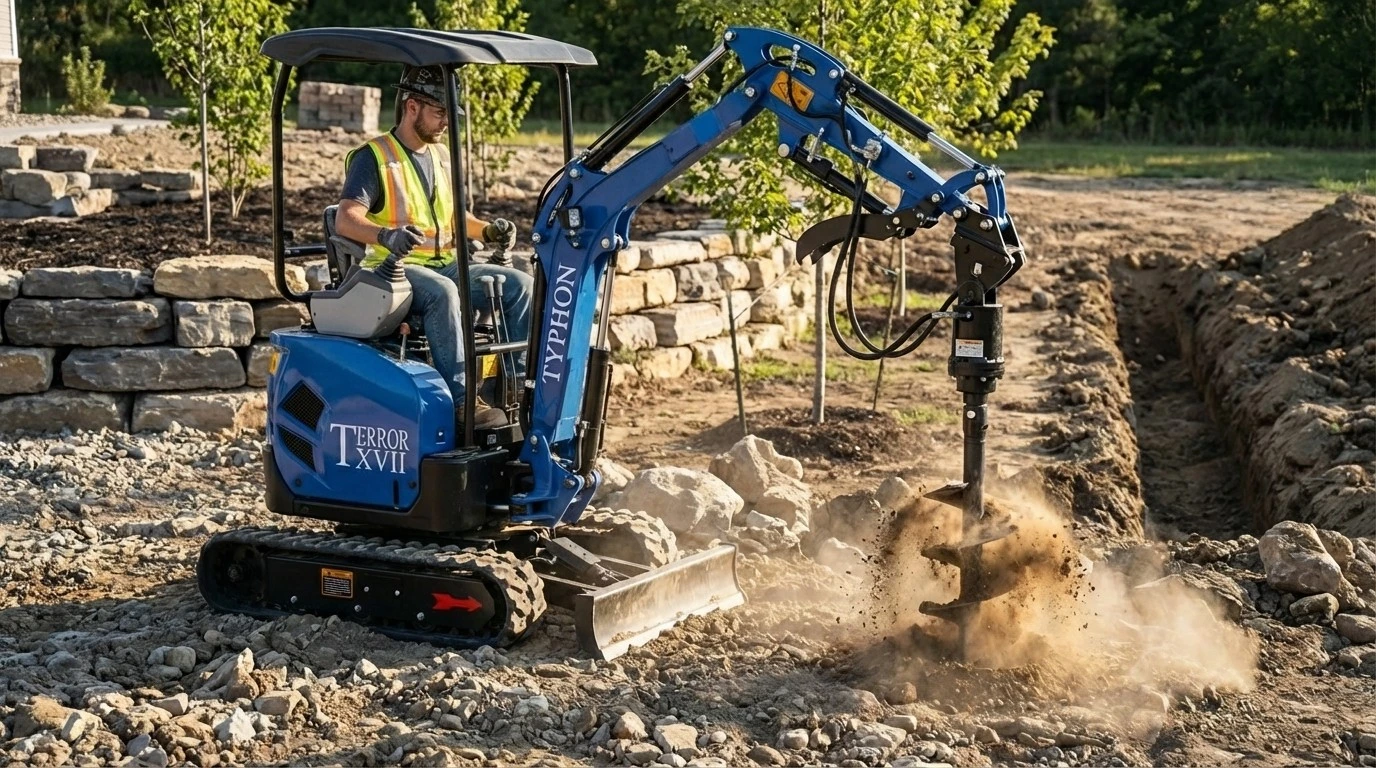 Mini excavator using attachment on a landscaping or construction site