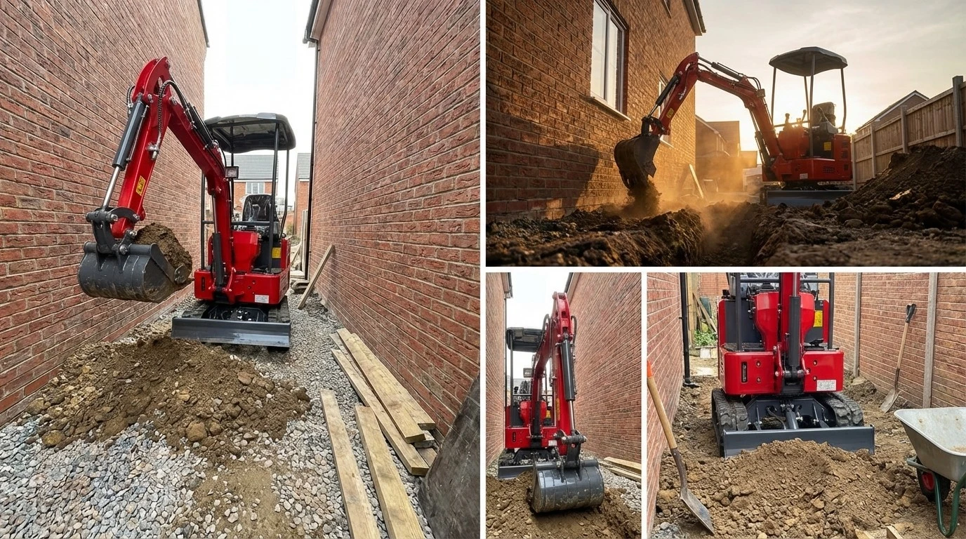 Mini excavator working on a compact construction job site