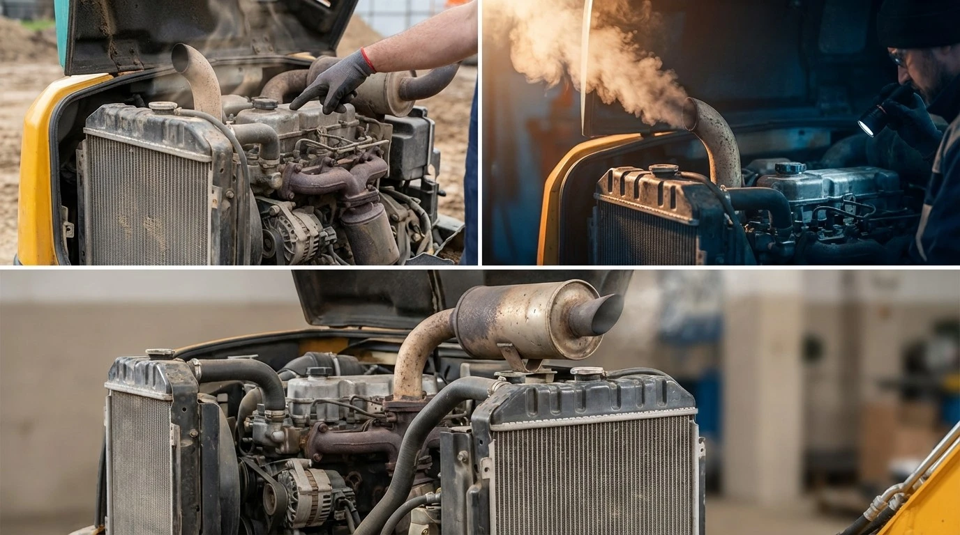 Mini excavator engine inspection for overheating and smoke diagnosis