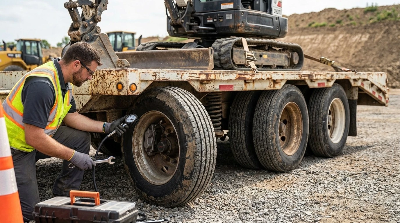 Inspection of trailer tires brakes and suspension before heavy equipment transport