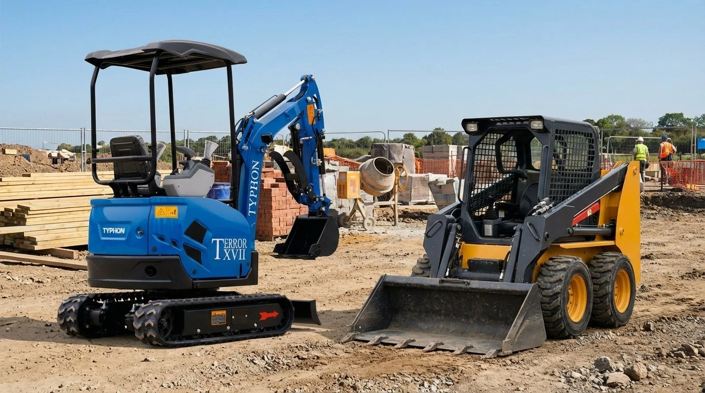Comparison between a mini excavator and a skid steer loader on a work site
