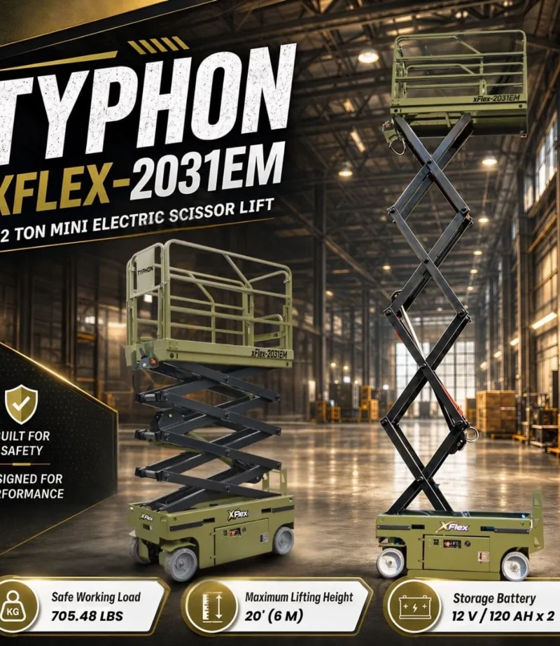 TYPHON xFLEX-2031EM 1.2 Ton Electric Mini Scissor Lift with 20ft Max Platform Height and 19.7″ Platform Extend