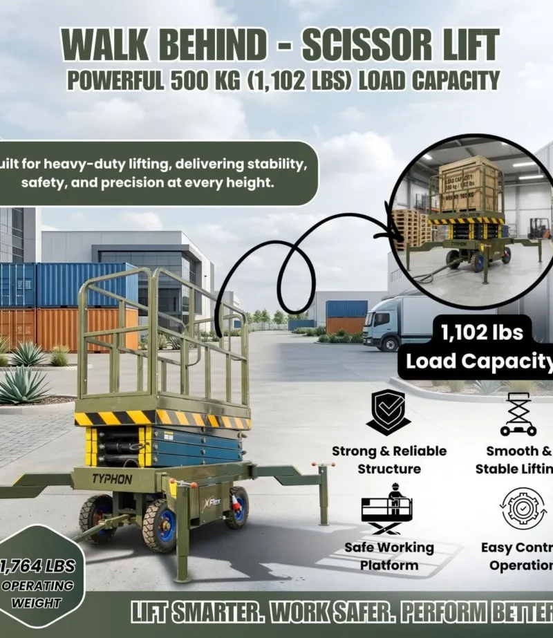 TYPHON xFlex-2037W Walk-Behind Scissor Lift comes with 20ft Working Height and Manual outriggers 1102 lbs load capacity 110V Electric