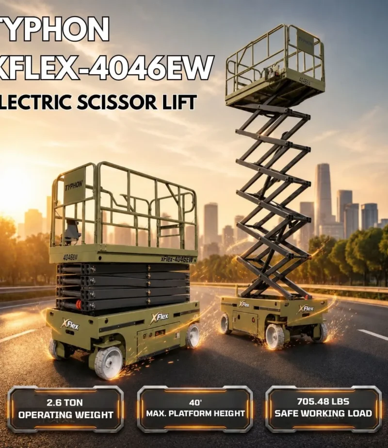 TYPHON xFlex-4046EW Electric Wheel Scissor Lift 2.6 Ton operating weight and 40ft platform height with 705lbs Load Capacity