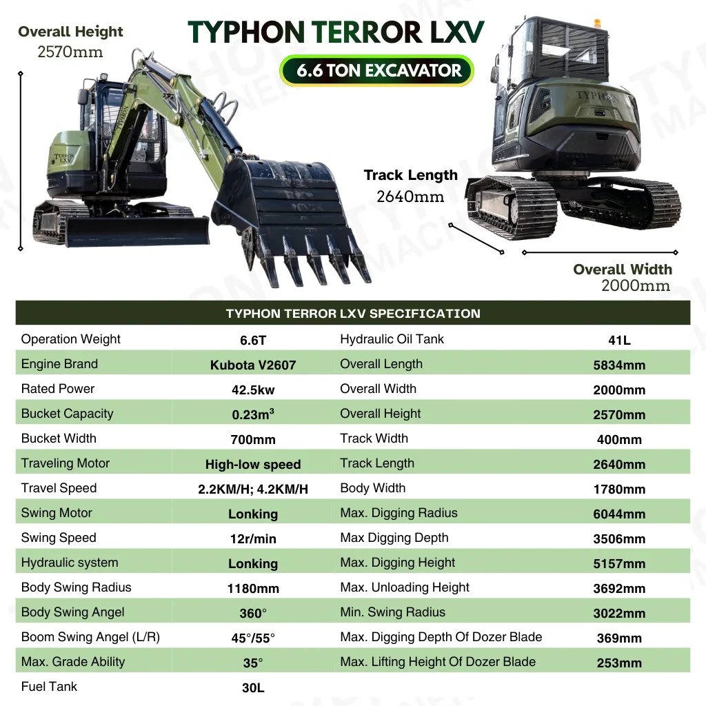 TYPHON TERROR LXV 6.6 Ton Excavator Kubota V2607 56.9HP AC/Heater Cabin Boom Swing - Image 2