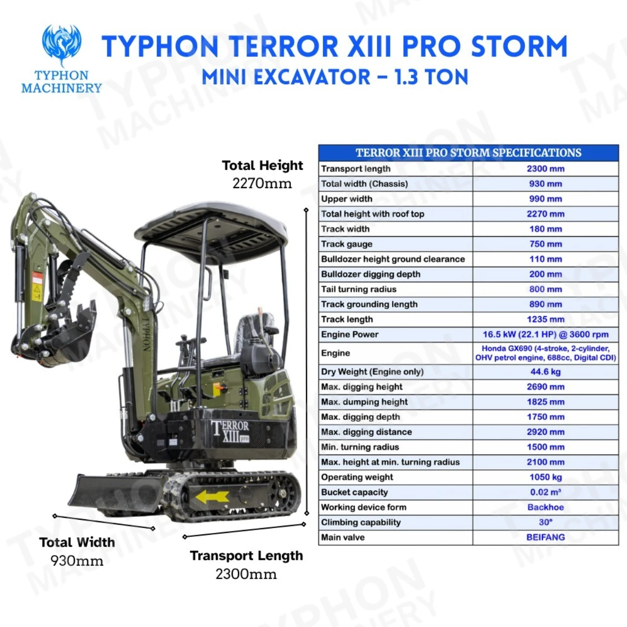 TYPHON TERROR XIII PRO Mini Excavator – 1.3 Ton Trench Digger with Canopy, Hydraulic Thumb Clip, 22.1hp Honda Engine USA - Image 2