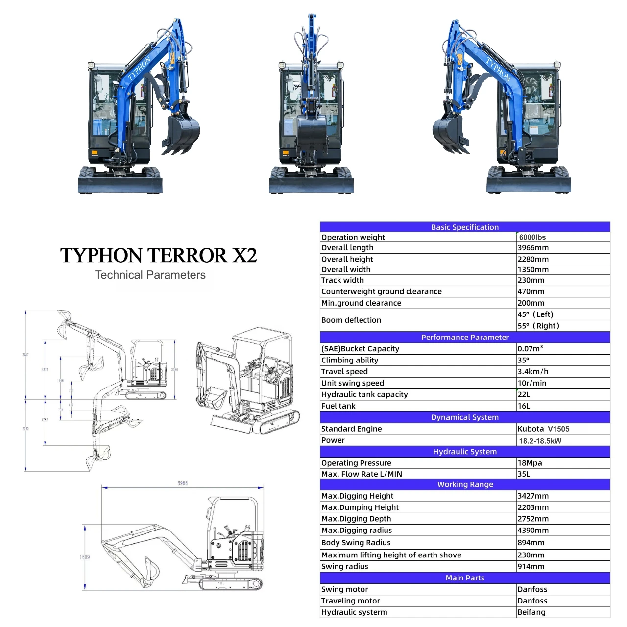 TYPHON TERROR X2 Mini Excavator 2.7 Ton EPA Diesel Kubota V1505 Engine USA - Image 2