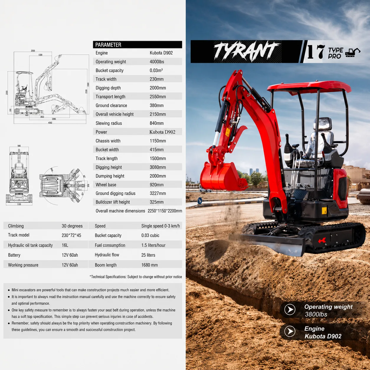 3800lbs TYRANT 17 Diesel Mini Excavator Kubota D902 Engine Side Swing w 12 attachments - Image 2