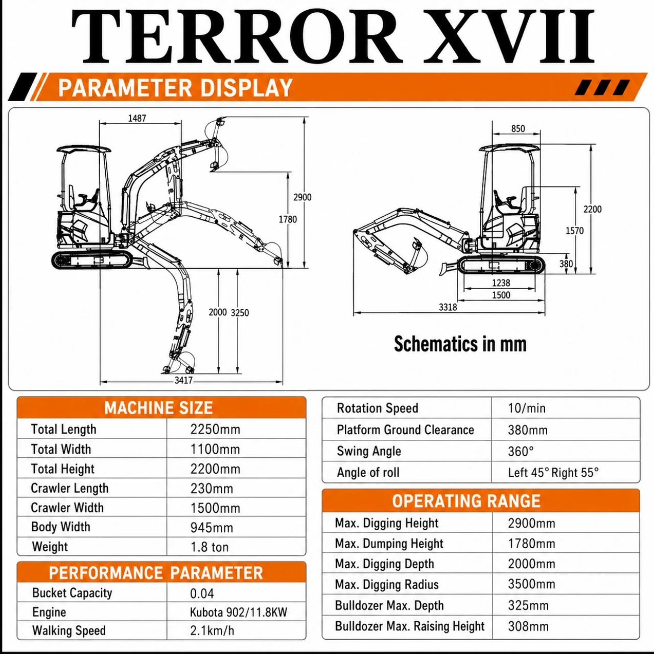 2025 4,000 lb TYPHON TERROR XVII Cabin Mini Excavator Rubber Track with Kubota D902 Diesel Engine USA - Image 2