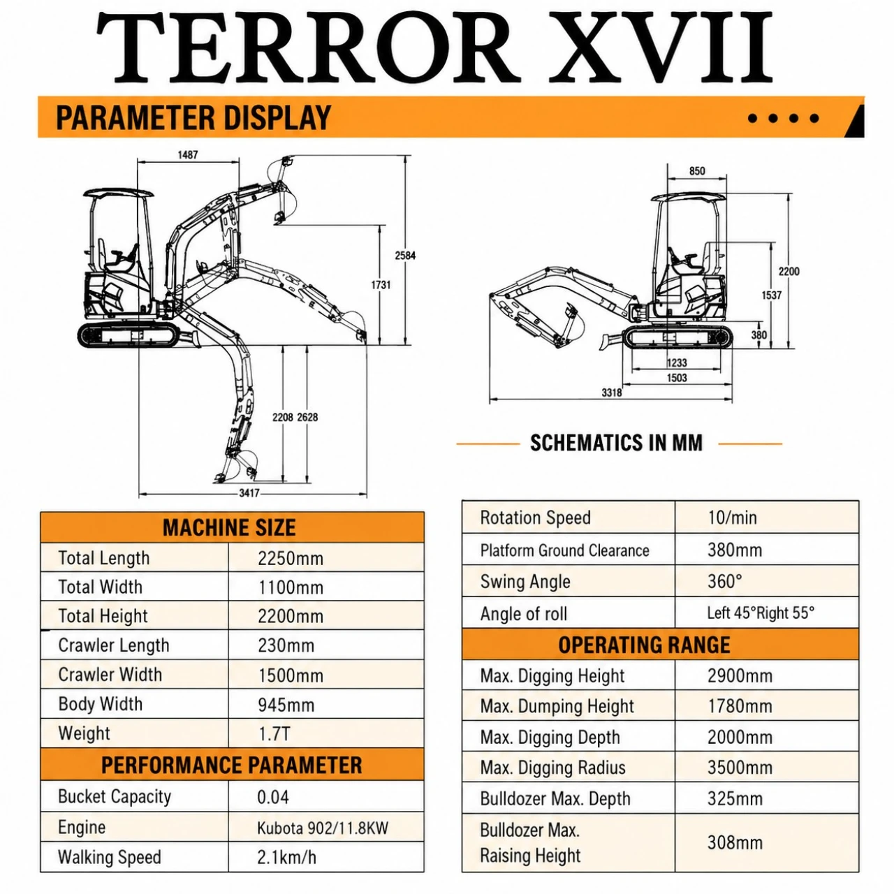 2025 3,800 lb TYPHON TERROR XVII Mini Excavator Rubber Track with Kubota D902 Diesel Engine USA - Image 2