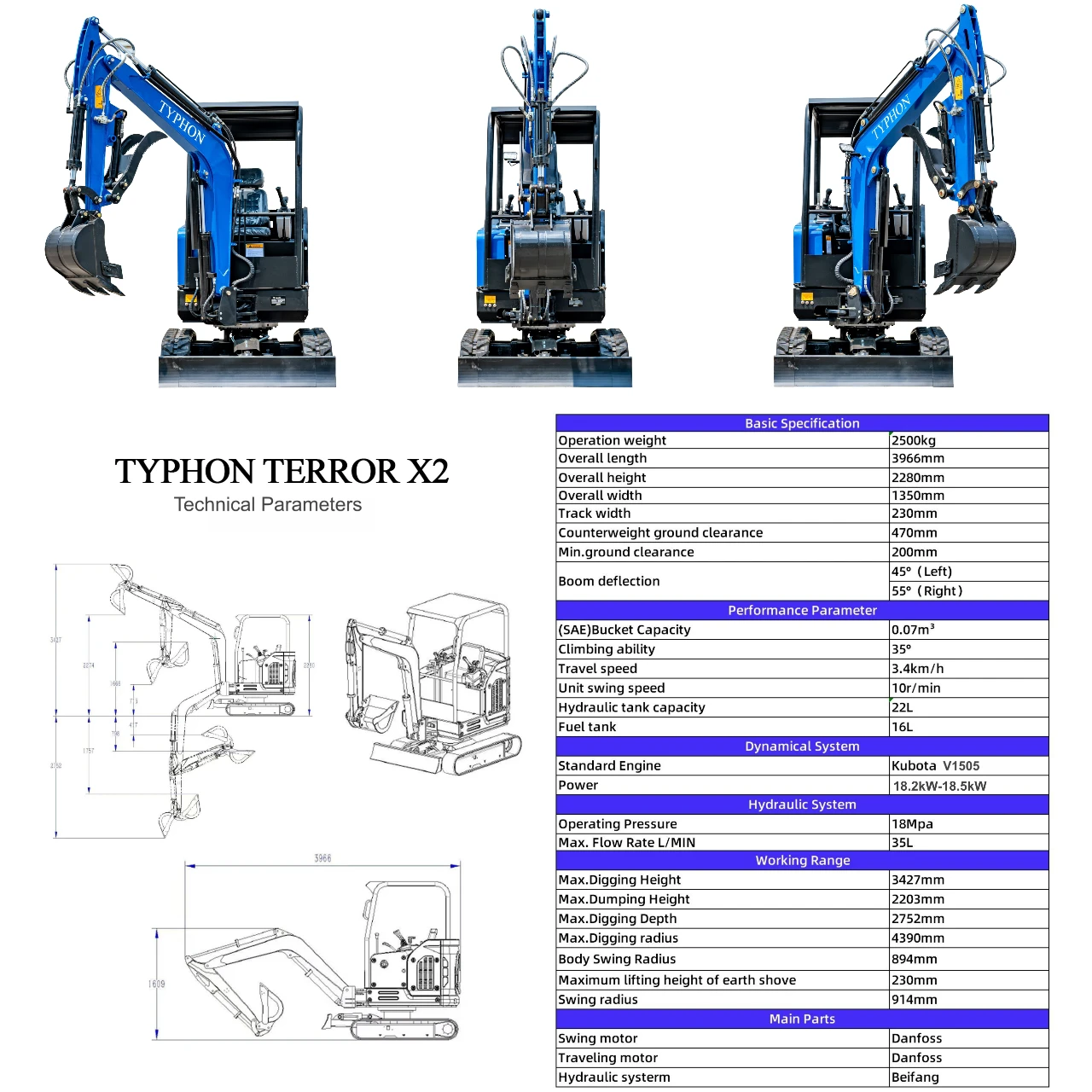 TYPHON TERROR X2 STORM Mini Excavator 2.5 Ton Diesel Kubota V1505 Engine USA - Image 2