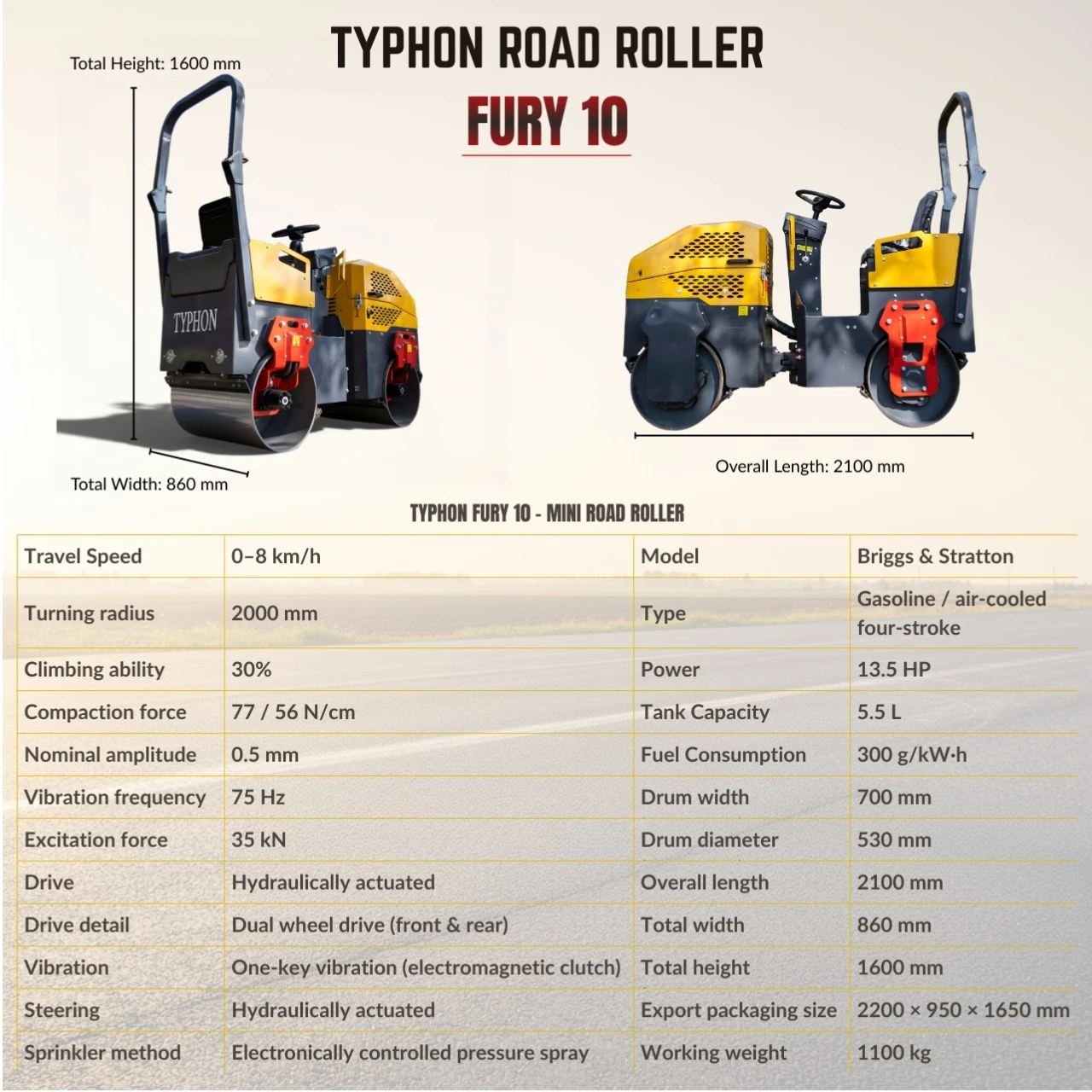TYPHON Fury 10 Mini Road Roller 1Ton Hydraulic oil B&S 13.5hp gas USA air-cooled - Image 2
