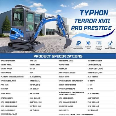 TYPHON TERROR XVII PRO Prestige Edition – Enclosed Mini Excavator with AC, Heater & Ergonomic Comfort - Image 3