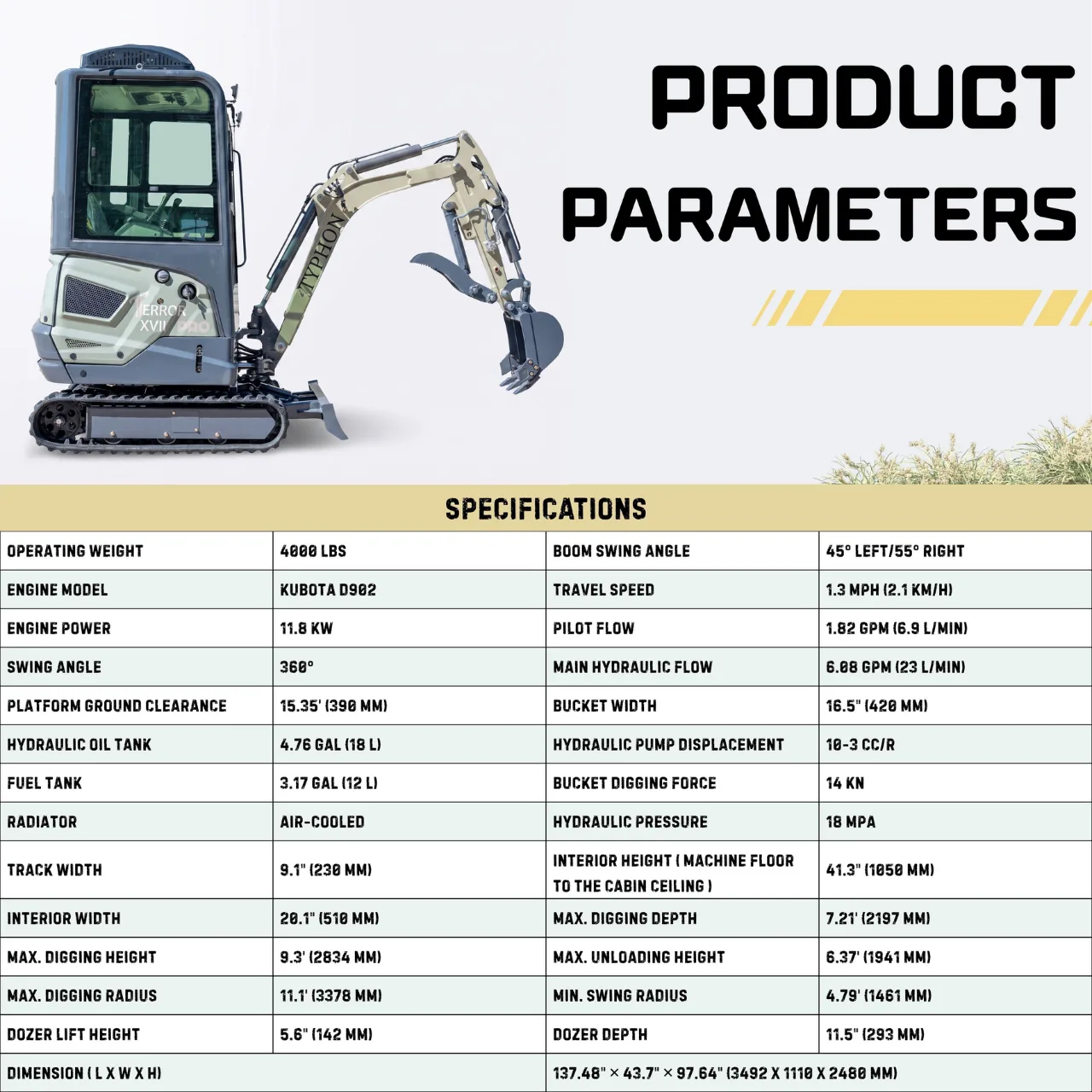 TYPHON TERROR XVII PRO Prestige 4,000 lb Mini Excavator – Kubota D902, Boom Swing & AC/Heat - Image 2
