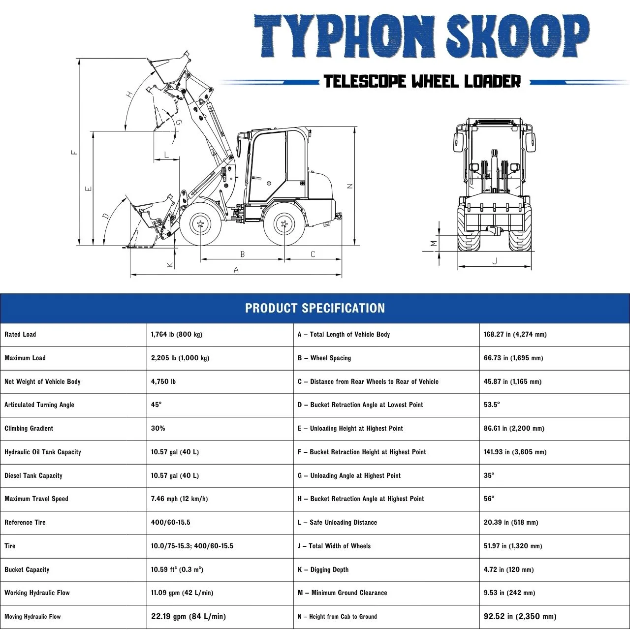 TYPHON Telescopic SKOOP Wheel Loader Cabin Version Kubota D1105 Diesel Engine 1 Ton Max Load Capacity AC & Heater Cabin - Image 2